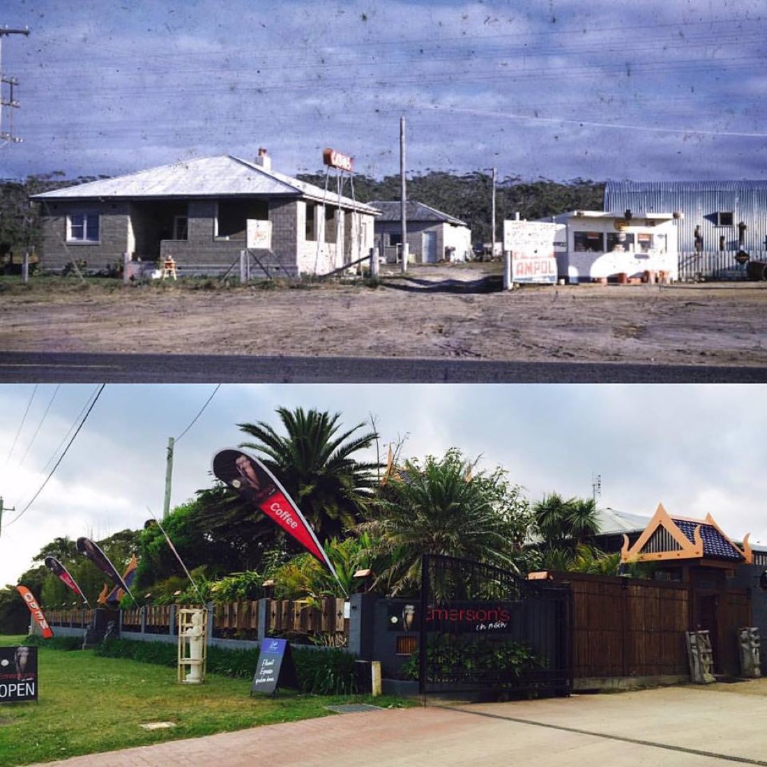 Then and now — the original roadside block, and Emerson's on Main today